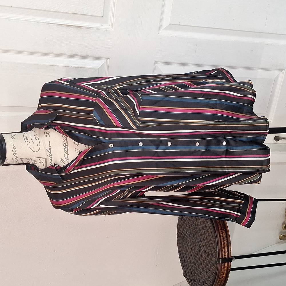 NWT HAVER LONDON Satin Striped V neck Button Up long sleeve Women Large